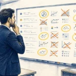 مدیر کسب‌وکار در حال بررسی KPIهای بازاریابی خط‌خورده و دایره‌شده روی وایت‌برد