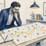 مدیر کسب‌وکار در حال بررسی مسیر برجسته سفر مشتری روی نقشه و یادداشت‌برداری