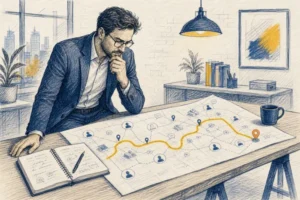 مدیر کسب‌وکار در حال بررسی مسیر برجسته سفر مشتری روی نقشه و یادداشت‌برداری