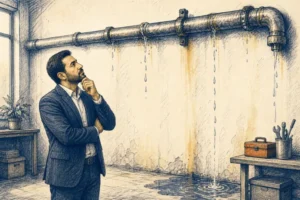 مدیر کسب‌وکار در حال بررسی نشتی لوله به‌عنوان نمادی از نشتی قیف فروش