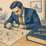 بیزینس‌من در حال بررسی نقشه بازاریابی با ذره‌بین کنار کتاب استراتژی بازاریابی