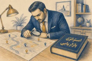 بیزینس‌من در حال بررسی نقشه بازاریابی با ذره‌بین کنار کتاب استراتژی بازاریابی
