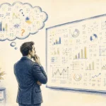 مدیر بازاریابی در حال بررسی داده‌ها و شاخص‌های ناقص روی وایت‌برد