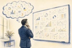 مدیر بازاریابی در حال بررسی داده‌ها و شاخص‌های ناقص روی وایت‌برد