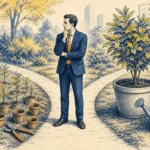 مدیر کسب‌وکار در حال انتخاب میان چند نهال کوچک و تقویت یک گیاه بزرگ در باغچه