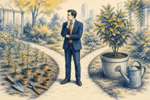 مدیر کسب‌وکار در حال انتخاب میان چند نهال کوچک و تقویت یک گیاه بزرگ در باغچه