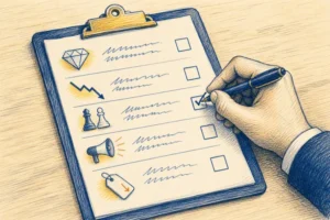دست مدیر کسبوکار در حال علامتزدن چکلیست علتهای کاهش فروش
