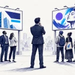 مدیر بازاریابی میان دو تابلوی تبلیغاتی که دو گروه متفاوت از مخاطبان را جذب کرده‌اند