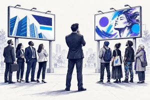 مدیر بازاریابی میان دو تابلوی تبلیغاتی که دو گروه متفاوت از مخاطبان را جذب کرده‌اند