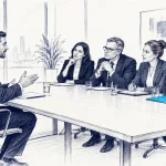 جلسه تجاری خرید B2B با یک مدیر در یک سوی میز و چهار تصمیم‌گیرنده در سوی دیگر