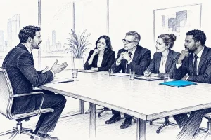 جلسه تجاری خرید B2B با یک مدیر در یک سوی میز و چهار تصمیم‌گیرنده در سوی دیگر