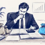 مدیر کت‌وشلواری پشت میز در حال حساب‌وکتاب با دفتر و ماشین‌حساب، میان کیسه‌های سکهٔ کهنه و کیسه‌های سکهٔ رنگی