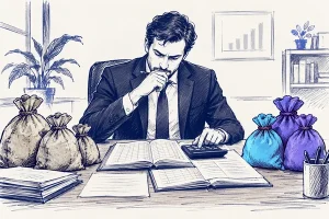 مدیر کت‌وشلواری پشت میز در حال حساب‌وکتاب با دفتر و ماشین‌حساب، میان کیسه‌های سکهٔ کهنه و کیسه‌های سکهٔ رنگی