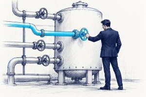 مدیر کسب‌وکار کنار مخزن بزرگ در حال بازکردن شیر یکی از چند مسیر ورودی برای انتخاب کانال جذب مشتری