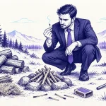 مدیر کسب‌وکار در طبیعت در حال بررسی کبریت خاموش کنار هیزم و ابزارهای روشن‌کردن آتش