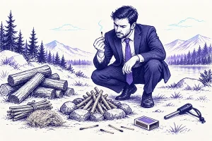 مدیر کسب‌وکار در طبیعت در حال بررسی کبریت خاموش کنار هیزم و ابزارهای روشن‌کردن آتش