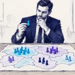 مدیر کسب‌وکار در حال انتخاب یک مهره انسانی از میان بخش‌های مختلف بازار