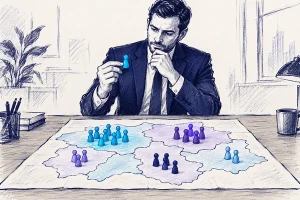 مدیر کسب‌وکار در حال انتخاب یک مهره انسانی از میان بخش‌های مختلف بازار