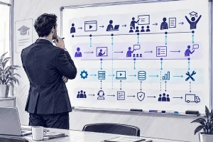 مدیر کسب‌وکار در حال بررسی نقشه چندلایه Service Blueprint یک مجموعه آموزشی روی وایت‌برد