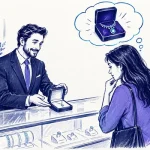 فروشنده و مشتری مقابل جعبه جواهر با تصور متفاوت مشتری از کیفیت خدمت
