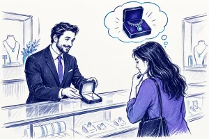 فروشنده و مشتری مقابل جعبه جواهر با تصور متفاوت مشتری از کیفیت خدمت