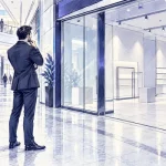 مدیر کسب‌وکار در حال ارزیابی یک مغازه خالی در مجتمع تجاری لوکس برای انتخاب بازار هدف مناسب