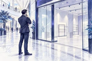 مدیر کسب‌وکار در حال ارزیابی یک مغازه خالی در مجتمع تجاری لوکس برای انتخاب بازار هدف مناسب