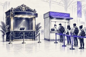دو کیوسک فروش بلیت؛ کیوسک شیک بدون مشتری و کیوسک ساده با صف خریداران