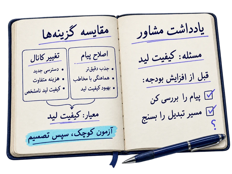 یادداشت‌های فارسی یک مشاور بازاریابی دربارهٔ کیفیت لید، مقایسهٔ گزینه‌ها و آزمون تصمیم