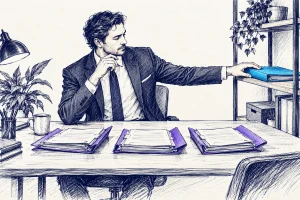 بیزینس‌من در حال مدیریت کمپین‌های هم‌زمان، با سه پرونده باز روی میز و یک پرونده منتظر روی قفسه