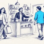 مرد کت‌وشلواری کنار پیشخوان فروشگاه؛ مشتری راضی در حال خروج و مشتری دیگر در حال بازگشت برای خرید