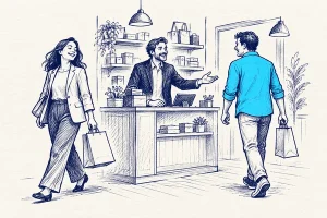 مرد کت‌وشلواری کنار پیشخوان فروشگاه؛ مشتری راضی در حال خروج و مشتری دیگر در حال بازگشت برای خرید