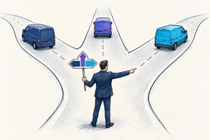 مرد کت‌وشلواری با تابلوی راهنما در حال هدایت سه ون باری رنگی به سه مسیر توزیع
