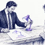 بیزینس‌من کت‌وشلواری در حال تطبیق چراغ رومیزی با طرح روی کاغذ، مقابل مشتری منتظر و بلندگوی کنار میز