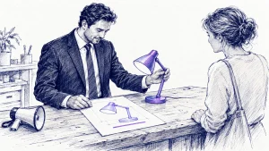 بیزینس‌من کت‌وشلواری در حال تطبیق چراغ رومیزی با طرح روی کاغذ، مقابل مشتری منتظر و بلندگوی کنار میز