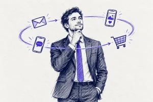 مرد کت‌وشلواری در مرکز مدار کانال‌های ایمیل، پیامک، شبکه اجتماعی و خرید آنلاین