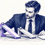بیزینس‌من کت‌وشلواری در حال اندازه‌گیری شیب دو مسیر گوی با خط‌کش و دفتر یادداشت برای مقایسه اثر یک تغییر