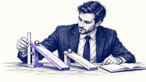 بیزینس‌من کت‌وشلواری در حال اندازه‌گیری شیب دو مسیر گوی با خط‌کش و دفتر یادداشت برای مقایسه اثر یک تغییر